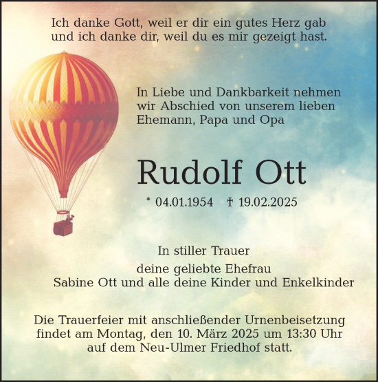 Traueranzeige von Rudolf Ott von SÜDWEST PRESSE Ausgabe Ulm/Neu-Ulm