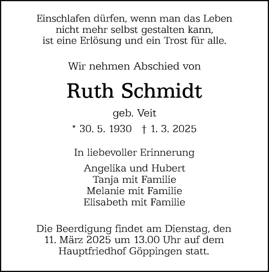 Traueranzeige von Ruth Schmidt von NWZ Neue Württembergische Zeitung