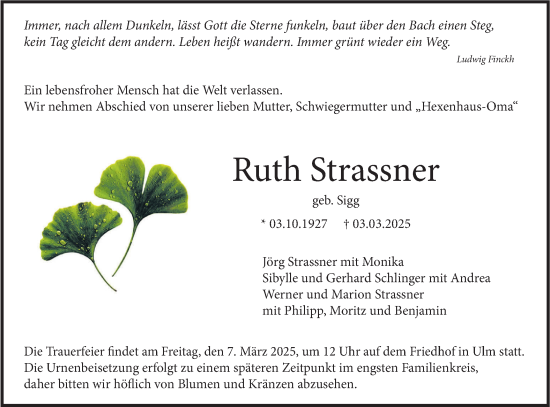 Traueranzeige von Ruth Strassner von SÜDWEST PRESSE Ausgabe Ulm/Neu-Ulm