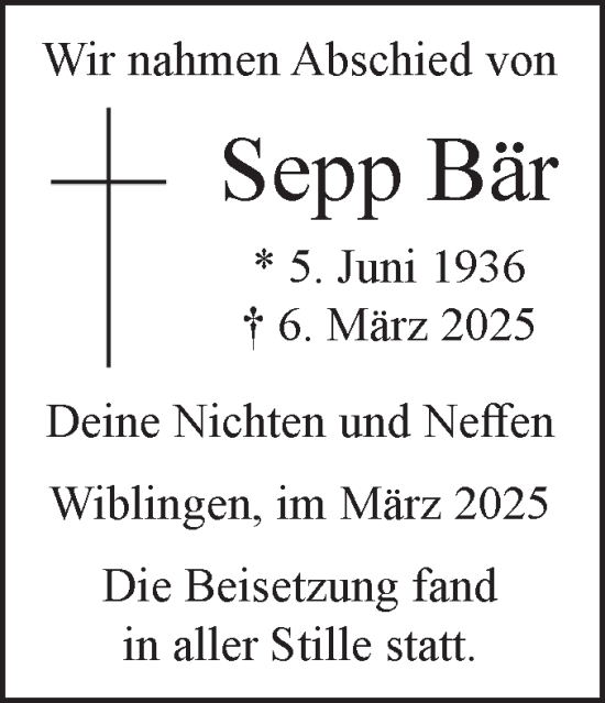 Traueranzeige von Sepp Bär von SÜDWEST PRESSE Ausgabe Ulm/Neu-Ulm