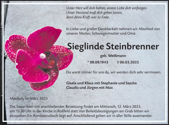 Traueranzeige von Sieglinde Steinbrenner von Hohenloher Tagblatt