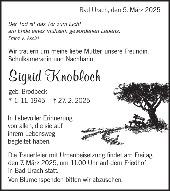 Traueranzeige von Sigrid Knobloch von Alb-Bote/Metzinger-Uracher Volksblatt