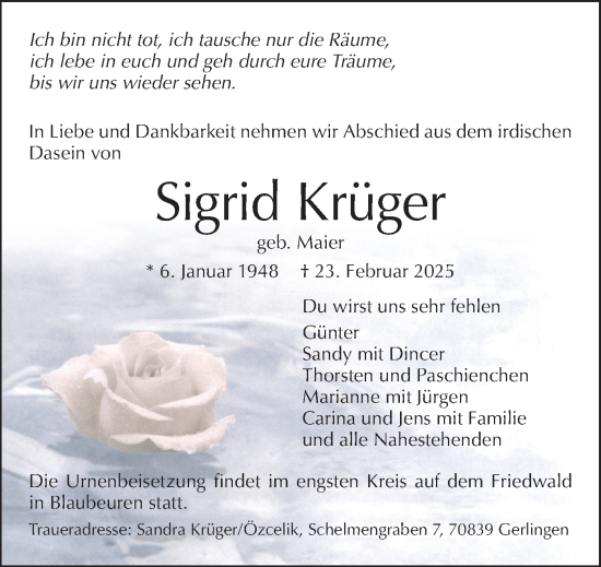 Traueranzeige von Sigrid Krüger von Das Blaumännle