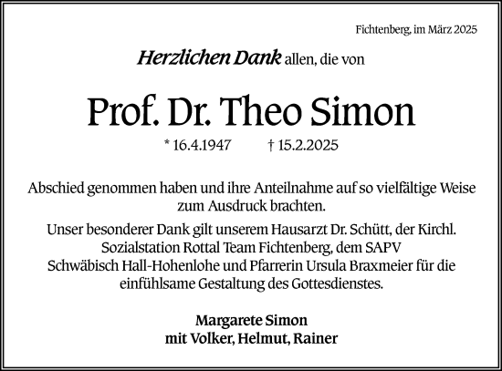 Traueranzeige von Theo Simon von Rundschau Gaildorf