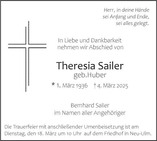 Traueranzeige von Theresia Sailer von SÜDWEST PRESSE Ausgabe Ulm/Neu-Ulm/Neu-Ulmer Zeitung
