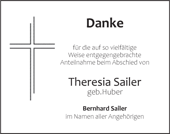 Traueranzeige von Theresia Sailer von SÜDWEST PRESSE Ausgabe Ulm/Neu-Ulm/Neu-Ulmer Zeitung