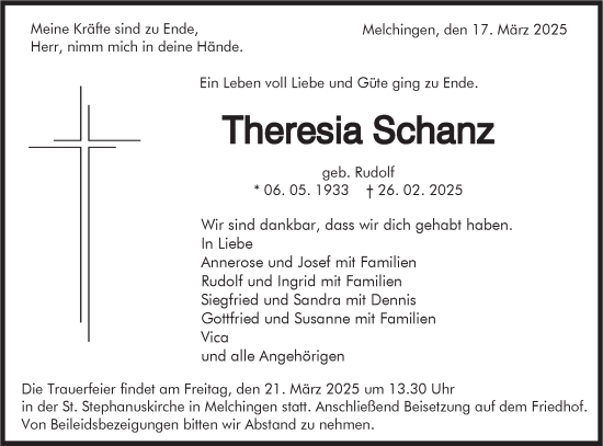 Traueranzeige von Theresia Schanz von SÜDWEST PRESSE Zollernalbkreis/Hohenzollerische Zeitung