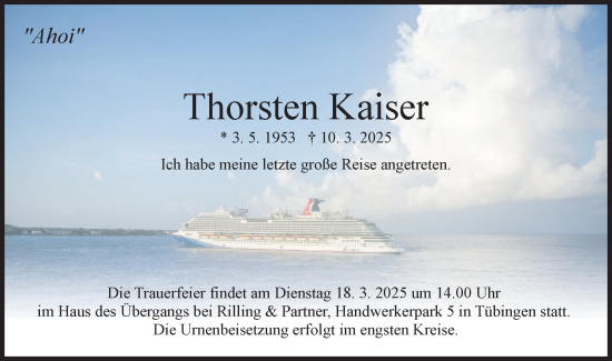 Traueranzeige von Thorsten Kaiser von Schwäbische Tagblatt