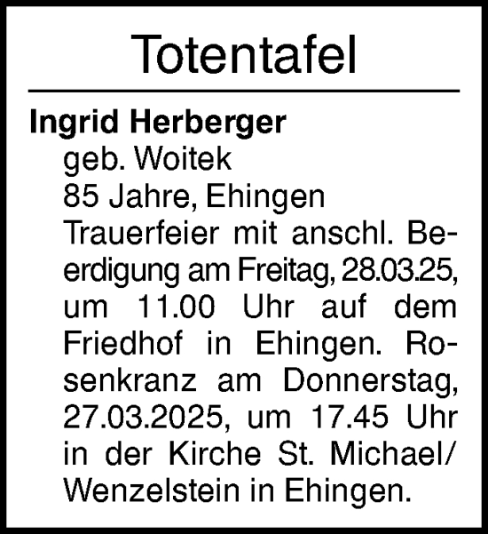 Traueranzeige von Totentafel vom 26.03.2025 von Ehinger Tagblatt