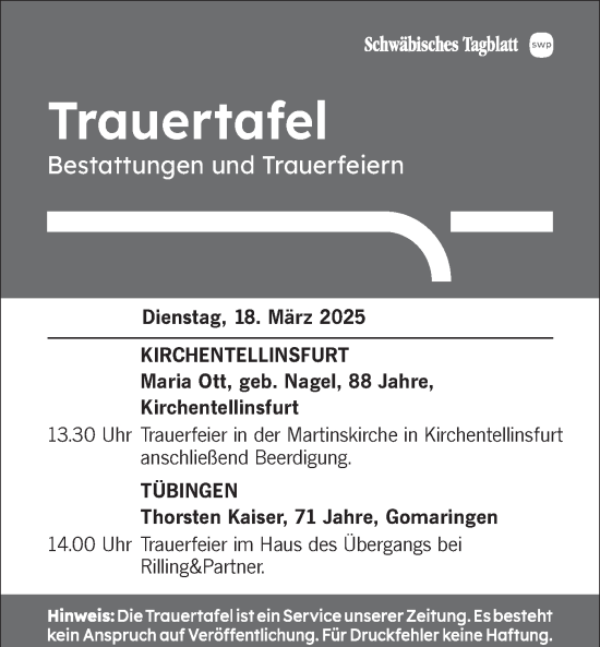 Traueranzeige von Trauertafel vom 18.03.2025 von Schwäbische Tagblatt