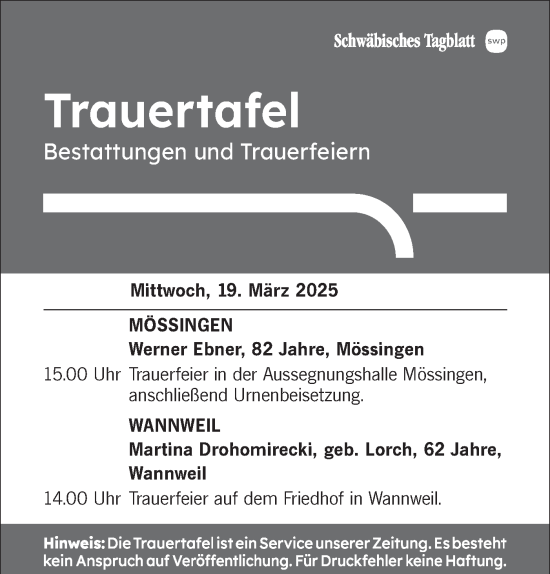 Traueranzeige von Trauertafel vom 19.03.2025 von Schwäbische Tagblatt