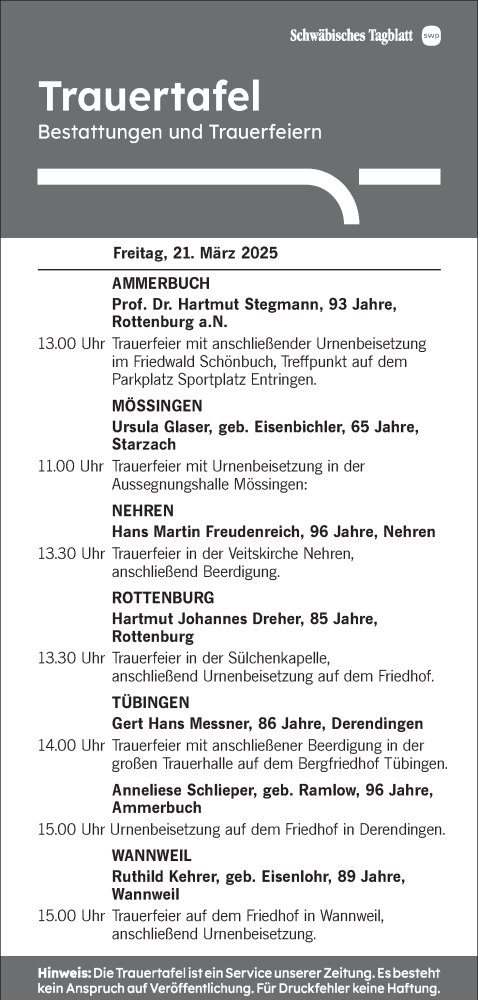 Traueranzeige von Trauertafel vom 21.03.2025 von Schwäbische Tagblatt