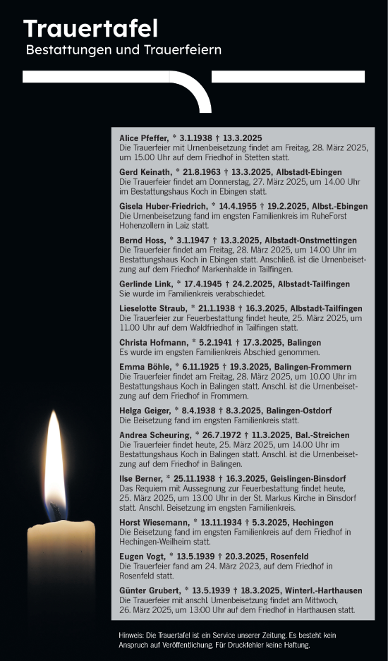 Traueranzeige von Trauertafel vom 25.03.2025 von SÜDWEST PRESSE Zollernalbkreis/Hohenzollerische Zeitung