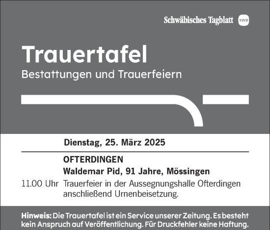 Traueranzeige von Trauertafel vom 25.03.2025 von Schwäbische Tagblatt