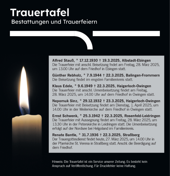 Traueranzeige von Trauertafel vom 27.03.2025 von SÜDWEST PRESSE Zollernalbkreis/Hohenzollerische Zeitung