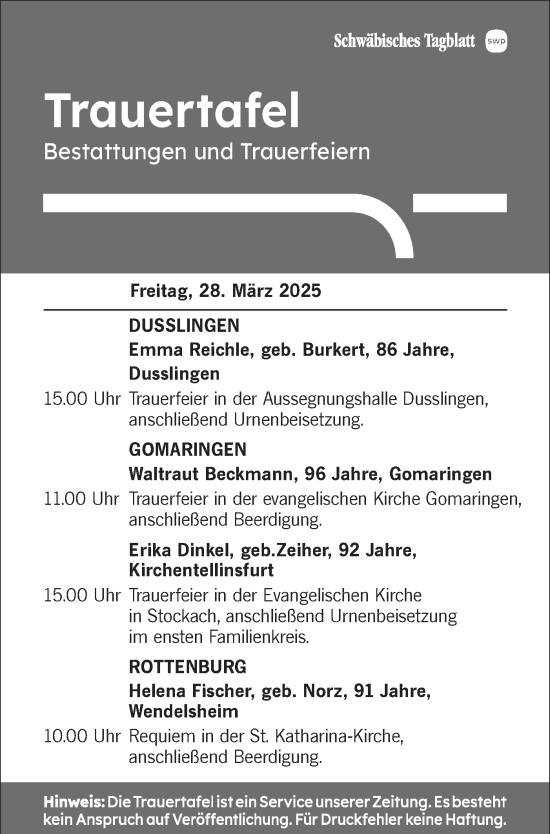 Traueranzeige von Trauertafel vom 28.03.2025 von Schwäbische Tagblatt