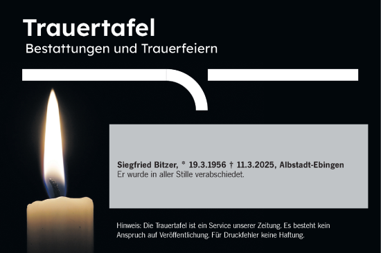 Traueranzeige von Trauertafel vom 28.03.2025 von SÜDWEST PRESSE Zollernalbkreis/Hohenzollerische Zeitung