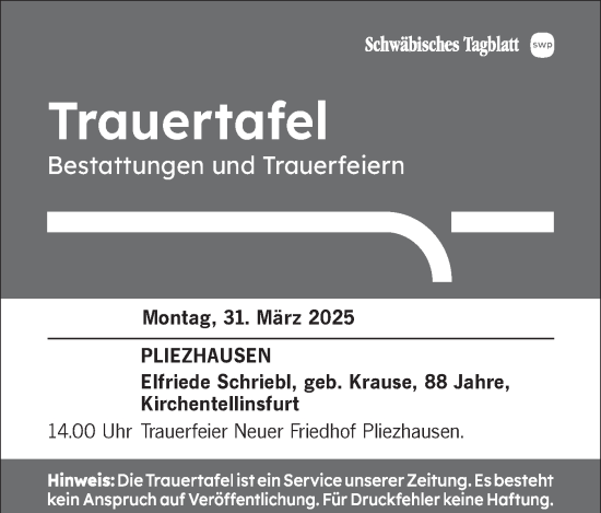 Traueranzeige von Trauertafel vom 31.03.2025 von Schwäbische Tagblatt