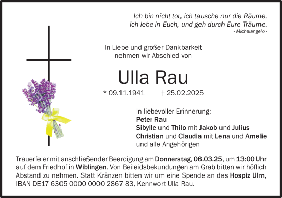 Traueranzeige von Ulla Rau von SÜDWEST PRESSE Ausgabe Ulm/Neu-Ulm