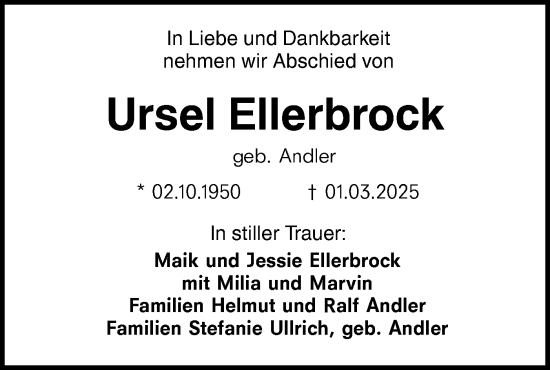 Traueranzeige von Ursel Ellerbrock von SÜDWEST PRESSE Ausgabe Ulm/Neu-Ulm