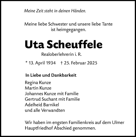 Traueranzeige von Uta Scheuffele von NWZ Neue Württembergische Zeitung