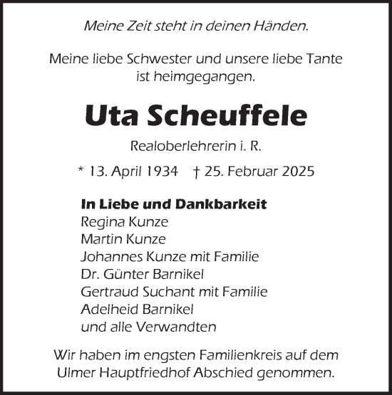 Traueranzeige von Uta Scheuffele von NWZ Neue Württembergische Zeitung