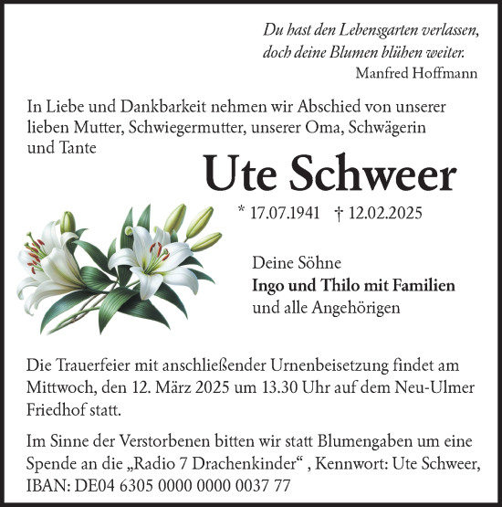 Traueranzeige von Ute Schweer von SÜDWEST PRESSE Ausgabe Ulm/Neu-Ulm