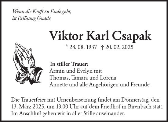 Traueranzeige von Viktor Karl Csapak von NWZ Neue Württembergische Zeitung