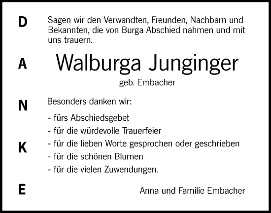 Traueranzeige von Walburga Junginger von SÜDWEST PRESSE Ausgabe Ulm/Neu-Ulm