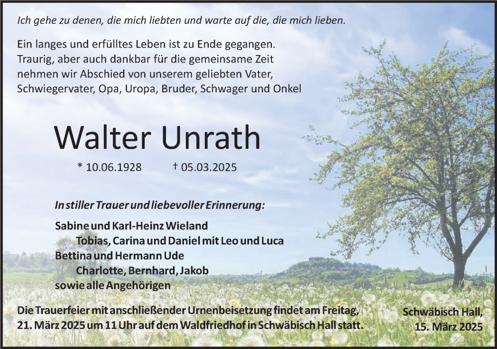  Traueranzeige für Walter Unrath vom 15.03.2025 aus Haller Tagblatt