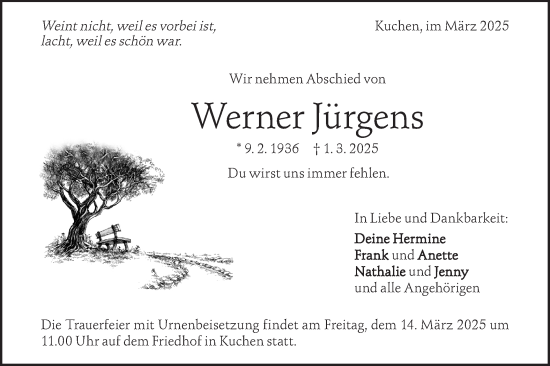 Traueranzeige von Werner Jürgens von Geislinger Zeitung
