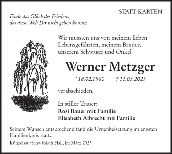 Traueranzeige von Werner Metzger von Haller Tagblatt