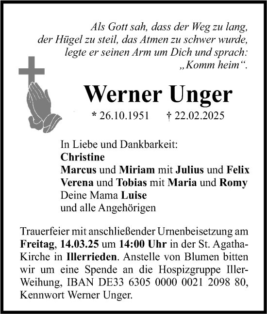 Traueranzeige von Werner Unger von SÜDWEST PRESSE Ausgabe Ulm/Neu-Ulm