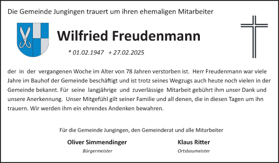 Traueranzeige von Wilfried Freudenmann von SÜDWEST PRESSE Zollernalbkreis/Hohenzollerische Zeitung