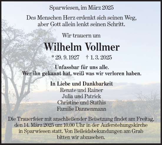 Traueranzeige von Wilhelm Vollmer von NWZ Neue Württembergische Zeitung