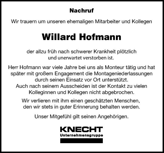 Traueranzeige von Willard Hofmann von Alb-Bote/Metzinger-Uracher Volksblatt