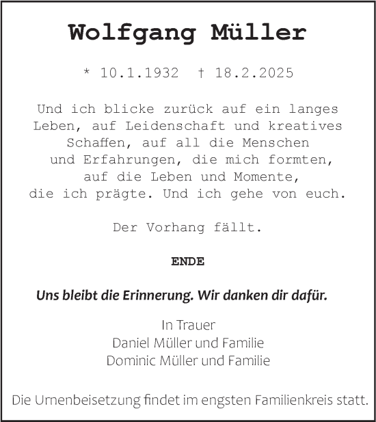 Traueranzeige von Wolfgang Müller von SÜDWEST PRESSE Ausgabe Ulm/Neu-Ulm