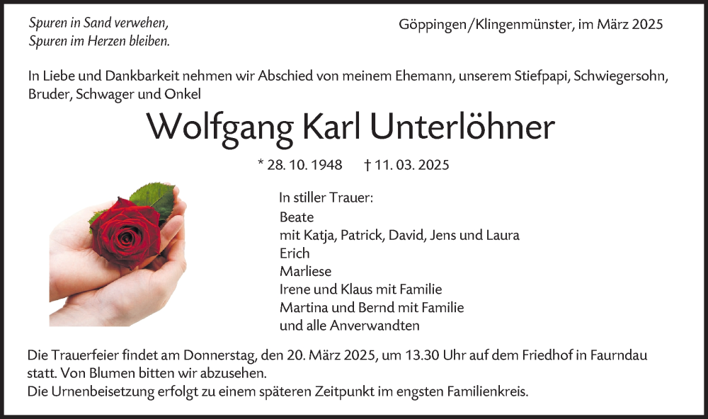  Traueranzeige für Wolfgang Karl Unterlöhner vom 17.03.2025 aus NWZ Neue Württembergische Zeitung