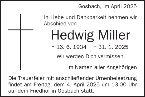 Traueranzeige von Hedwig Miller von Südwest Presse Trauer