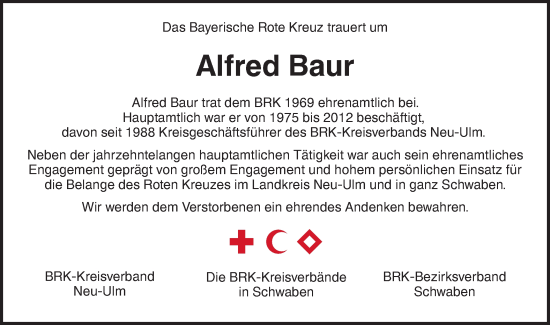 Traueranzeige von Alfred Baur von SÜDWEST PRESSE Ausgabe Ulm/Neu-Ulm