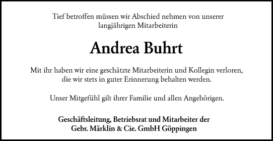Traueranzeige von Andrea Buhrt von NWZ Neue Württembergische Zeitung