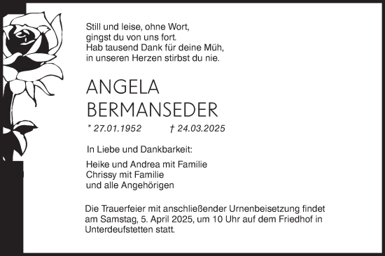 Traueranzeige von Angela Bermanseder von Hohenloher Tagblatt