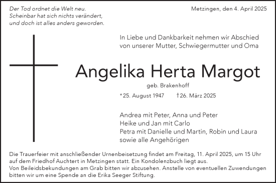 Traueranzeige von Angelika Herta Margot von Alb-Bote/Metzinger-Uracher Volksblatt