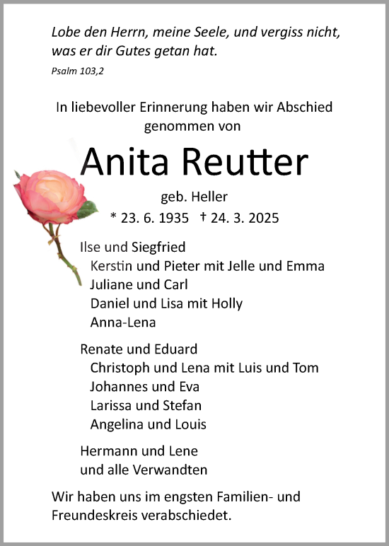 Traueranzeige von Anita Reutter von Schwäbische Tagblatt
