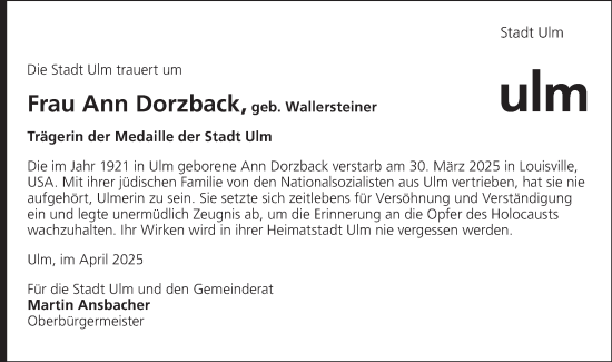 Traueranzeige von Ann Dorzback von SÜDWEST PRESSE Ausgabe Ulm/Neu-Ulm