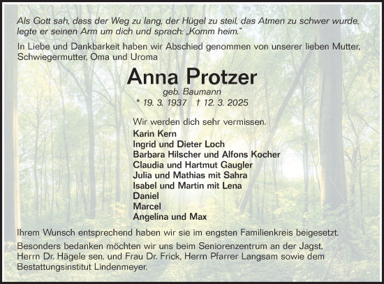 Traueranzeige von Anna Protzer von Hohenloher Tagblatt