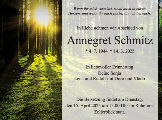 Traueranzeige von Annegret Schmitz von Schwäbische Tagblatt