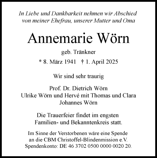 Traueranzeige von Annemarie Wörn von Schwäbische Tagblatt