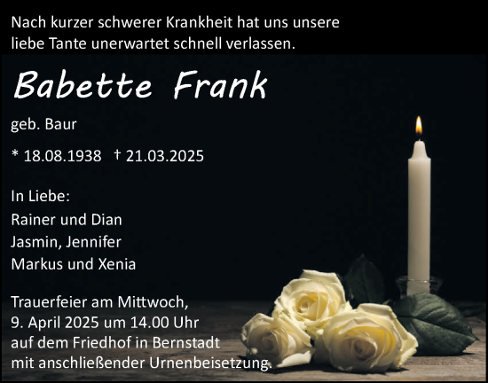 Traueranzeige von Babette Frank von SÜDWEST PRESSE Ausgabe Ulm/Neu-Ulm