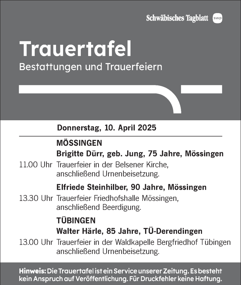  Traueranzeige für Beerdigungen vom 10.04.2025 vom 10.04.2025 aus Schwäbische Tagblatt